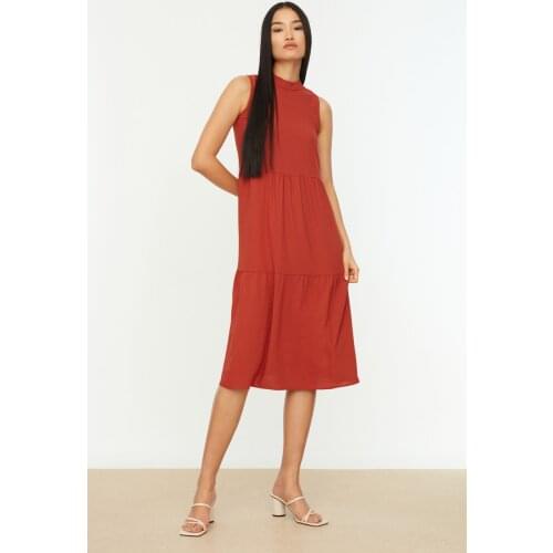 Tile Wide Cut Dress TWOSS20EL1864 Shift Casual Solid Color Midi Sleeveless Woven Polyester Bike Collar Orange Aerobin