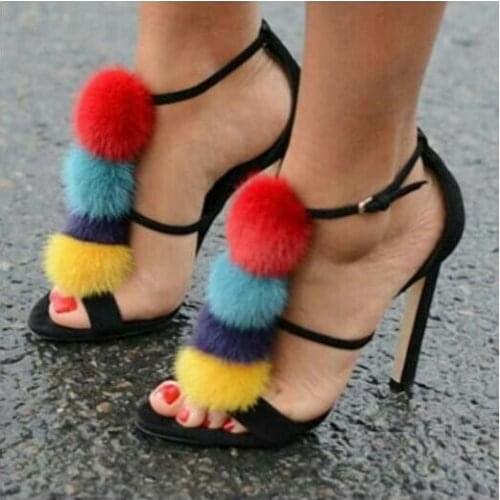 Drop Shipping 2017 Summer Luxury Women Colorful Fur Balls Open Toe Party High Heel Dress Sandals Pom Pom Sandals Lady