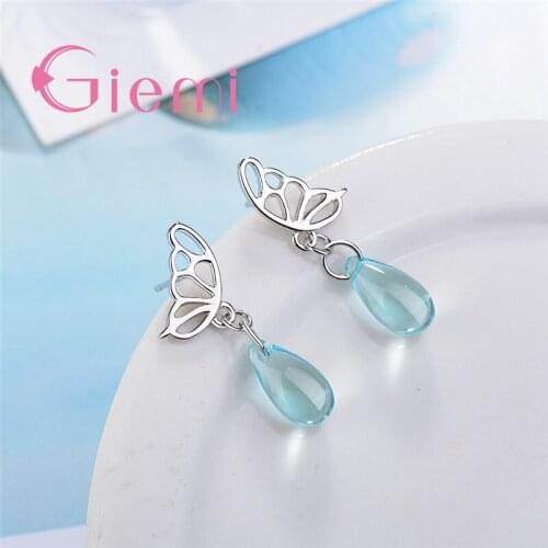 Wedding Engagement Bridal Elegant Butterfully Drop Water Pendant Earrings Women 925 Sterling Silver Jewelry Party Gift