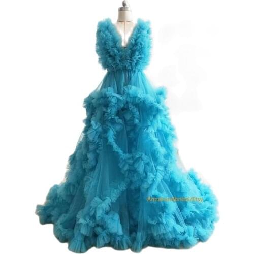 Blue Maternity Dresses for Babyshower Tiered Skirts Prom Sleepwear Bathrobes Nightgowns Maternity Gown Photo Shoot Props