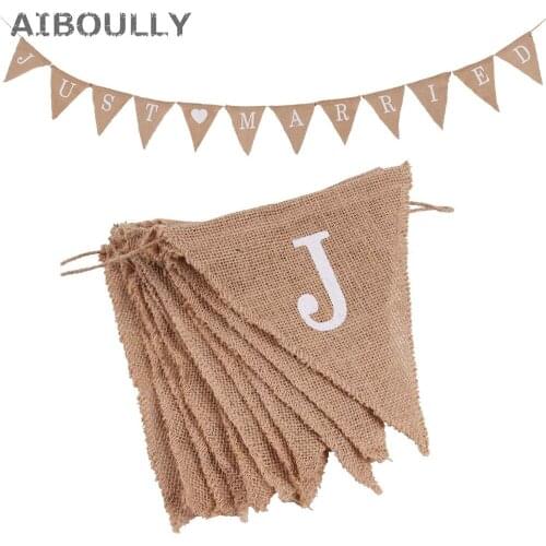 JUST MARRIED Burlap banner Wedding Photo Props Vintage Jute Burlap Bunting Pennant Wedding Hen Party Decoration Supplies