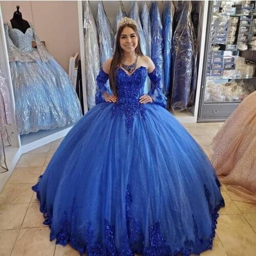 YiMinpwp Royal Blue Ball Gown Quinceanera Dresses Sweet Heart Detachable Sleeve Sweep Train Sequined Appliques Prom Party Gowns