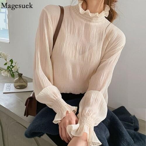 New Long Sleeve Loose Women Blouse Spring Pleated Chiffon Shirts Summer Tops Flare Sleeve Shirt Base Shirt Camisas Mujer 9542