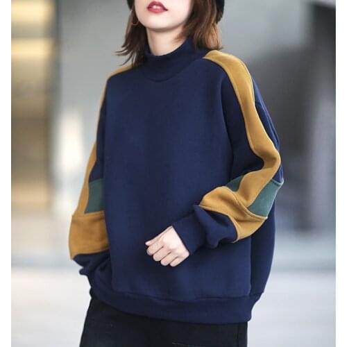 Big Size Women Sweatshirt Contrast Color Cotton Half Turtleneck Pullovers 2021 Winter Autumn Thick Warm Coat Female YoYiKamomo
