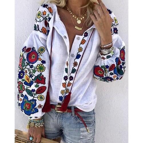 Women Vintage Floral Print Blouse Long Puff sleeve print Drawstring Decor shirt AM1267