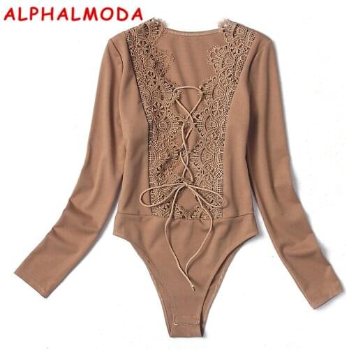 ALPHALMODA 2018 Ladies Sexy Bodysuits Cross Lacing Up Deep V-cut Hollow Catsuits Women Solid Stretchy Charming Rompers