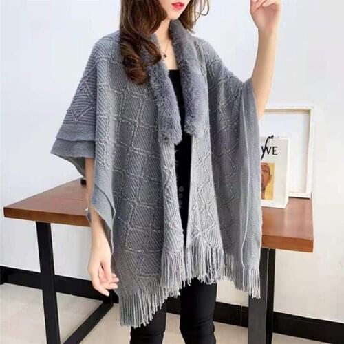 2021 Winter Cloak Knitted Warm Thick Plaid Coat Women High Quality Faux Fox Fur Collar Cardigan Femmel