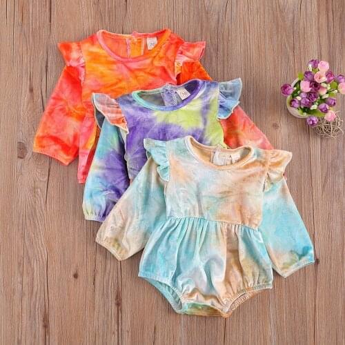 2021 0-24M Autumn Infant Baby Girl Tie dye Playsuit Ruffle Long Sleeve O neck Soft Cotton Romper Jumpsuit One Piece