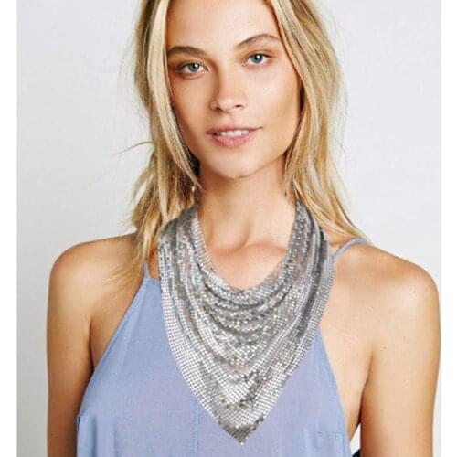 Fashion Disco Women Golden Black Metal Sequin Mesh Triangle Scarf Collar Personality Adjustable NeckChain Necklace Choker