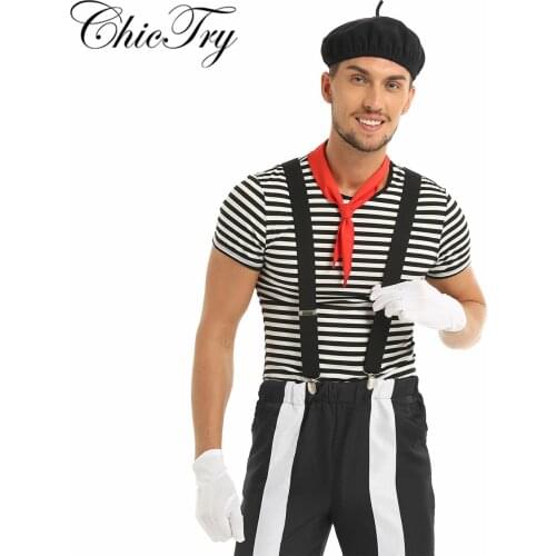 ChicTry Mens Adults French Mime Artist Circus Cosplay Costume Outfit Striped T-shirt with Beret Scarf Suspender and Gloves Sets