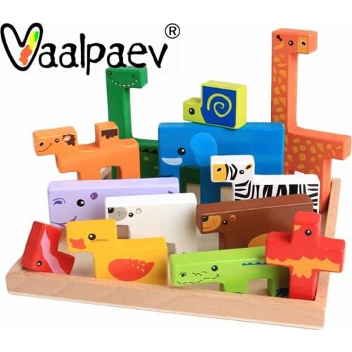 Wooden Montessori Stacked High Building Blocks Animals Puzzles Game Construction Preschool Childrens Early Education Toys Kids