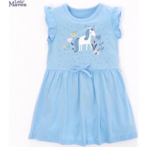 Kids Frocks 2021 New Summer Baby Girls Clothes Brand Dress Toddler Cotton Unicorn Print Light Blue Dresses for Kids 2-7 Years