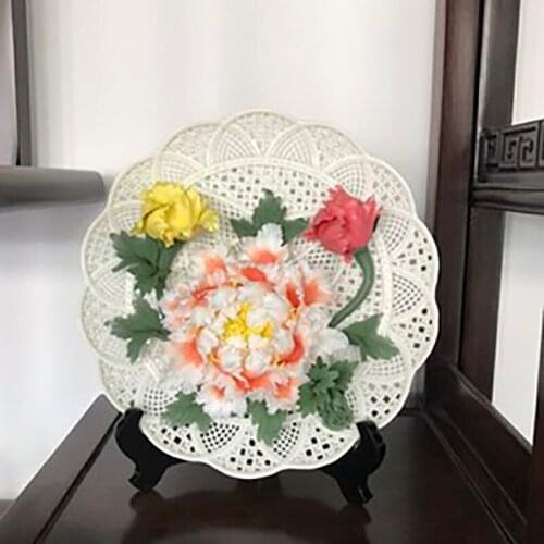 Home Decor Handwork Ceramic Trays Living Room Decoratio Luoyang Peony Flowers Dish Table Decoration Dishes Gift Porcelain Plate