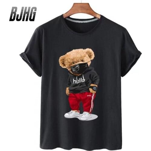 100% Cotton Sports Mask Bear Print Short-sleeved T-shirt Female Half-sleeved Summer Casual Oversized T-shirt Ladies Shirt S-4XL