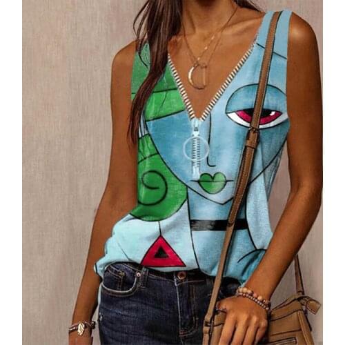 #FW Graphic Pattern Blouses Women Vintage Prints V-Neck Zipper Sleeveless Tops Summer Casual Tops Tee Shirts Fermale Shirt