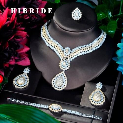 HIBRIDE Beauty Big Jewelry Luxury Double Tone Women Wedding Naija Bridal Cubic Zirconia Necklace Dubai Dress Jewelry Set N-851