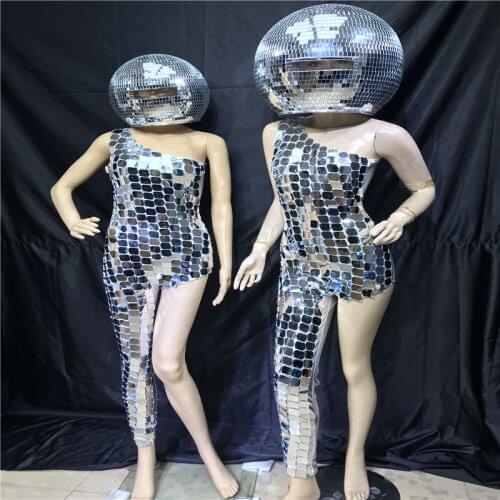 K111 Party dance led costumes silver mirror bodysuit dj led mirror headpiece glass ball helmet dress bar wears outfits rave show