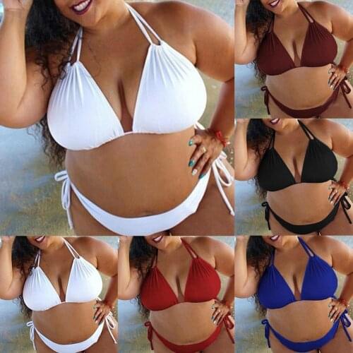 2Pcs Sexy Swimsuit Women Solid Color Bandage Halter Bra Briefs Bikini Women Plus Size Swimwear Women Bikinis biquinis feminino