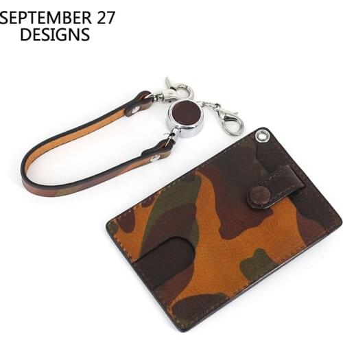 New Fashion Retractable Bus Card Holders Genuine Leather Luxury Camouflage Color Tag Case Small ID Wallets Mini Purse Keychain