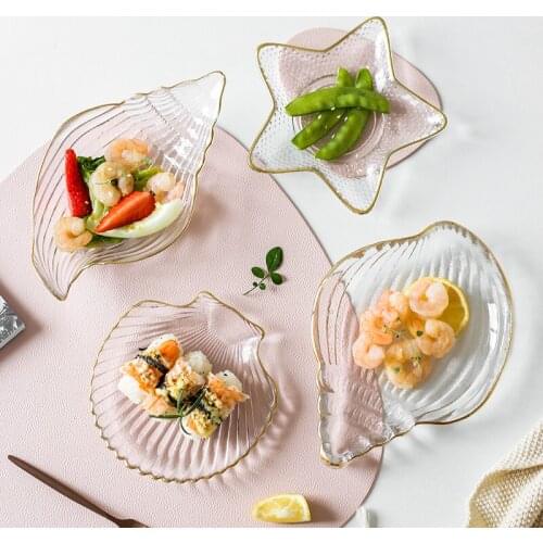 Creative Gold lines Glass Bowl Europe scallop and starfish Plates Salad Bowl Fruit Bowl Glass Dessert Cake Dishes Kitch Decor