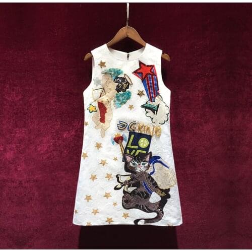 Hot Summer New Mini Dress Women Fashion Cat Printing High Quality Heavy Industry Beaded Sleeveless Bodycon Light Luxury Dresses
