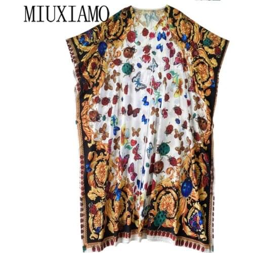 MIUXIMAO 2021 Bohemian Plus Size Dress V-neck Sleeve Maxi Dress Women Silk Floor Length Butterfly Flower Kaftan Loose Dress