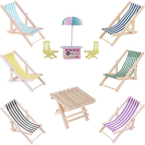 Fashion Doll Accessories 1/12 Doll House Striped Wooden Deck Chair & Beach Chair & Wooden Stool For Girls Toy Birthday Gift