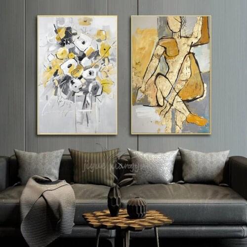Wall Art Canvas Painting Abstract Art Hand Drawn Gold Color Figure Flower Nordic Poster and Print Wall Decor Living Room Decor