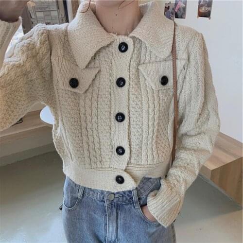 2021 Autumn Female Korean Loose Solid Sweater Womens Knitted Sweaters Cardigan Vintage Crop Top for Women Casual Knitwear Q742
