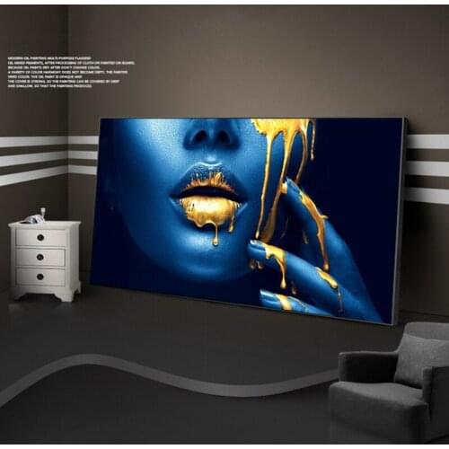 Sexy Golden Lips African Woman Canvas Paintings On The Wall Art Posters And Prints Half Face Black Girl Pictures For Living Room