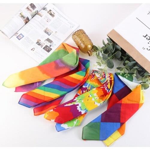 Q1QA Rainbow Stripes Plaid Tie-Dye Print Square Scarf Bandana Unisex Hip Hop Cotton Headband Festival Wristband Neck Tie