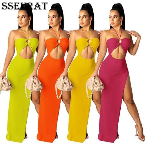 SSEURAT Women Long Dress Solid Sleeveless Halter Cut Out Splited Maxi Dresses Sexy Fashion High Streetwear Summer 2021