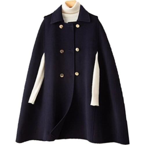 New Autumn Winter 100% Double Side Cashmere Womens Shawl Double Breasted Female Wool Coats Cape Quality Lady Outerwear