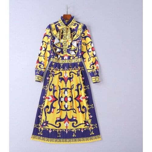 European and American womens wear autumn 2018 The new Long sleeve collar falbala printing pleated Purple dress