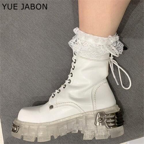 Women Ankle Boots Metal Decor Thick Sole Platform Chunky Shoes Lady Transparent Heel Botas Militares Riding Knight Short Booties