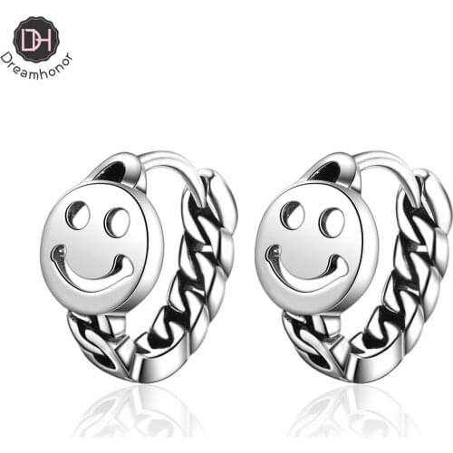 Dreamhonor Female Korean Temperament Personality Retro Vintage 925 Sterling Silver Smile Face Round Clip Earrings Jewelry