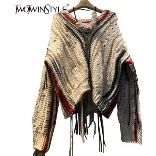 TWOTWINSTYLE Casual Patchwork Tassel Sweater For Women V Neck Long Sleeve Hit Color High Street Loose Knitted Pullovers Female