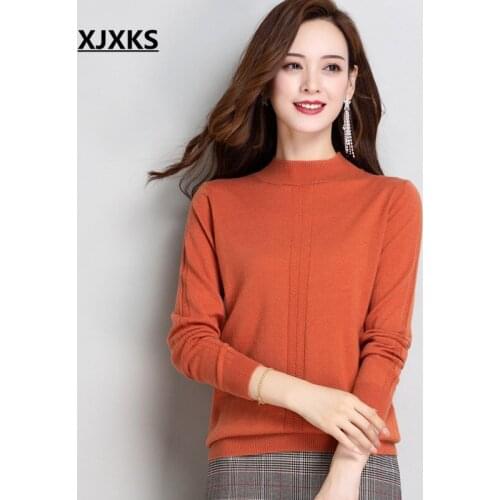 XJXKS Pure color all-match women turtleneck sweater 2020 autumn winter new 100% wool knitted sweater women pullover