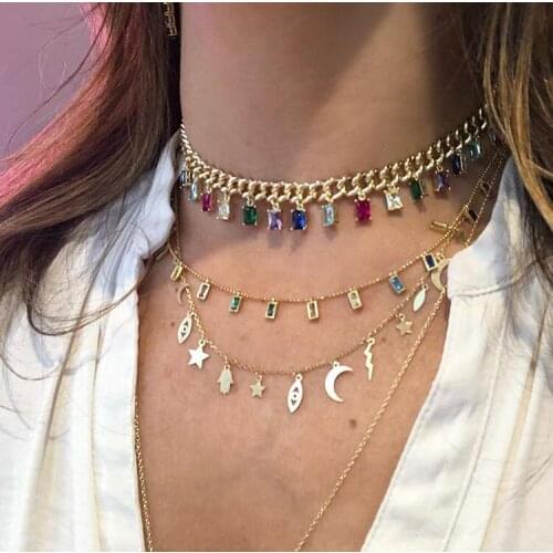 Rock style miami cuban chain choker jewelry with rainbow baguette cz drop charm links Gold filled cz women short layer necklace
