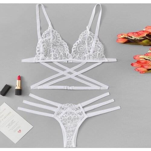 Womens Sexy Lingerie Lace Bra Set Translucent Bandage Cross Belt Bra Sexy Ladies Lingerie Sets Femal G-string Underwear Suit