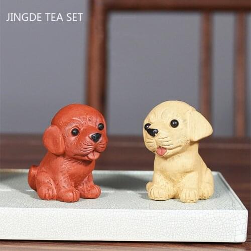1PCS Yixing Handmade Purple Clay Tea Pet Lucky Puppy Statue Ornaments Desktop Crafts Boutique Tea Table Decoration Accessories