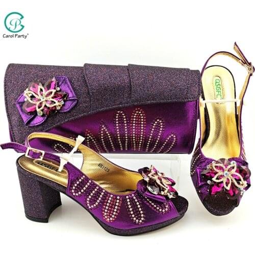 2021 African Hot Selling Italian Design Flower Crystal Style Elegant Purple Color Party Wedding Ladies Shoes and Bag Set