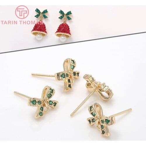 4PCS 7x10MM Hole 2MM 24K Gold Color Brass with Zircon Bow Knot Stud Earrings High Quality Diy Jewelry Findings Accessories