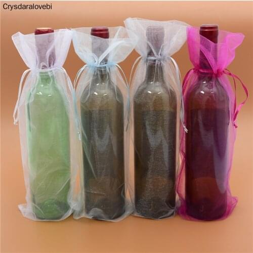100pcs 15x38cm Gold Drawstring Organza Wine Bags For Wedding Party Gift Champagne Bottle Holder Pouches