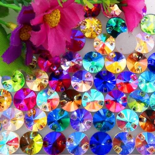 AB colors glass crystal Rivoli round shape flatback with two holes 6 size rhinestone sewing jewelry set garment diy accessories