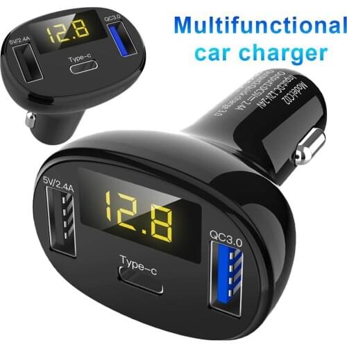 C02 3 USB Ports Digital Display Type-c QC 3.0 Fast Charging Car Phone Charger Cigarettes Lighter Interface