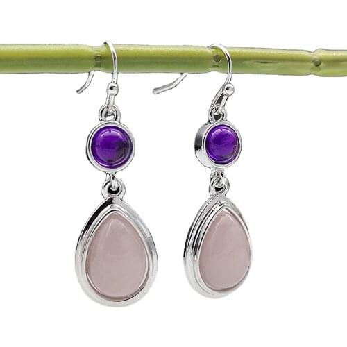 Bohemian Retro Drop Shaped Pink Natural Stone Earrings Korean Fashion Platinum Plating Round Amethyst Pendant Ear Hook Jewellery