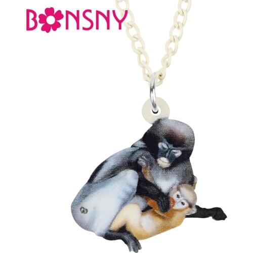 BONSNY Mothers Day Acrylic Gray Baby Monkey Necklace Pendant Fashion Novelty Unique Charms Gifts Party Jewelry For Women Girls