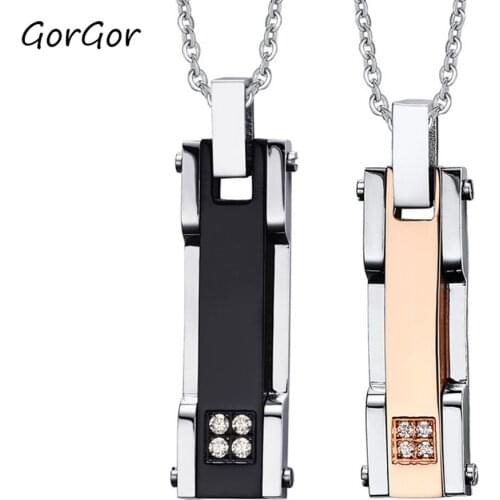 GorGor New Black Simple Stainless Steel Inlaid Zircon Electroplating Pendant Necklace for Fashion Couple Jewelry Gift CN-069