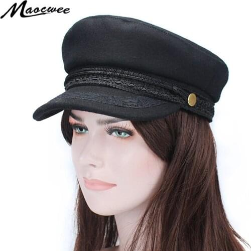 Spring Autumn Newsboy Hats for Women Lace belt button Military Caps Hats Black Korean Literary British Military Hats Berets